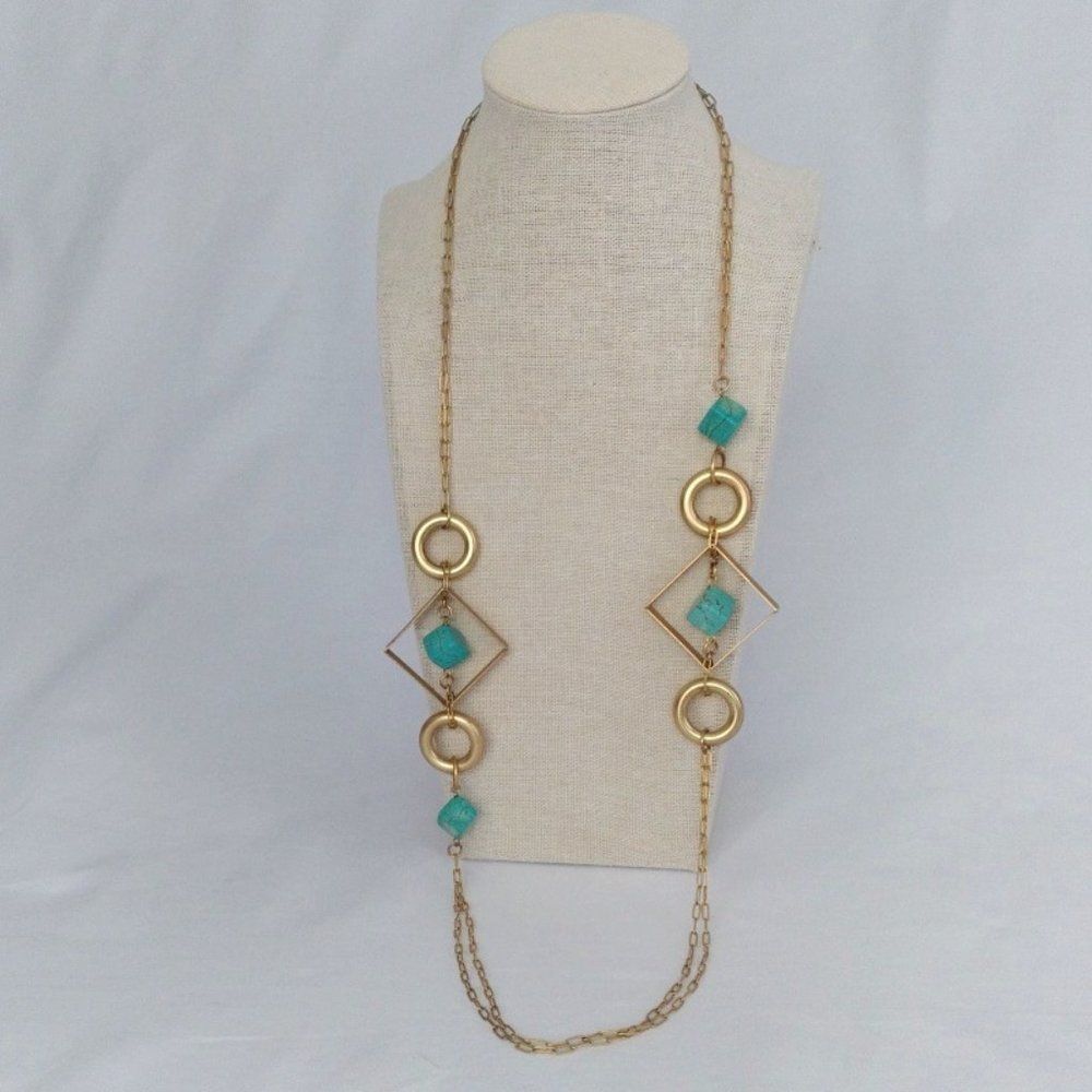 Gold-toned metal-turquoise-colored stones geometrical style necklace with metal